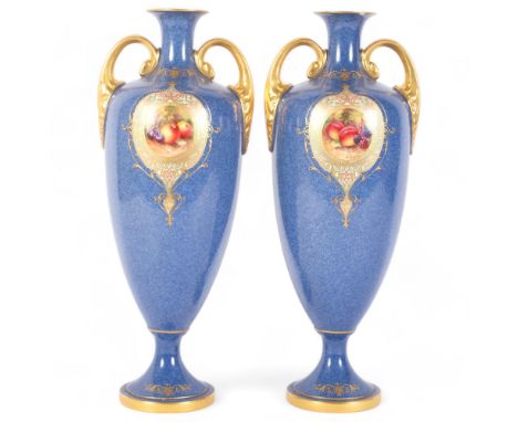 A pair of Victorian Royal Worcester 2-handled baluster vases, powder blue ground with hand painted decoration by E Townsend, 