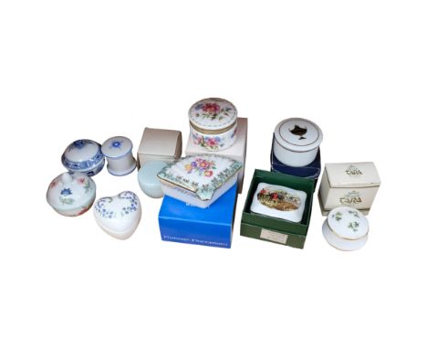 Porcelain pillboxes, including Richard Ginori, and Royal Albert, a Caithness paperweight, and 2 signed iridescent art glass s