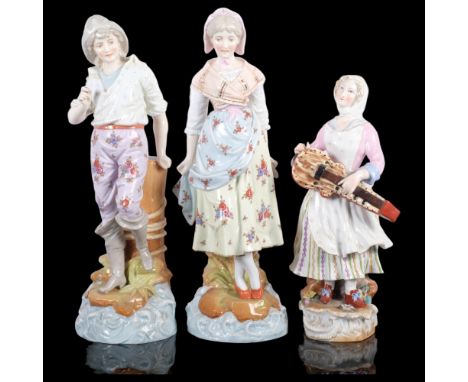 A pair of German porcelain figures, H35.5cm, and another with a lute, some damage 
