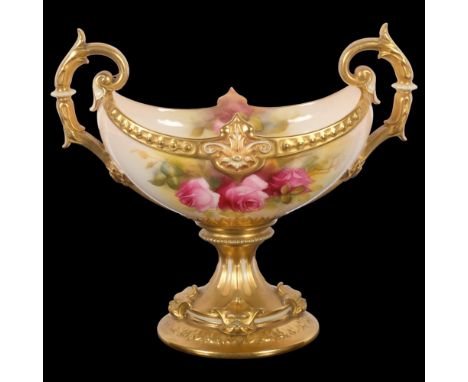 Royal Worcester, a blush ivory and hand painted 2-handled comport on stand, signed M Hunt, H18.5cm1 of the handles has been b
