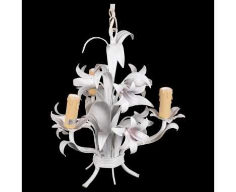 A white metal floral light fitting, with 3-branch candle mounts, drop 55cm 