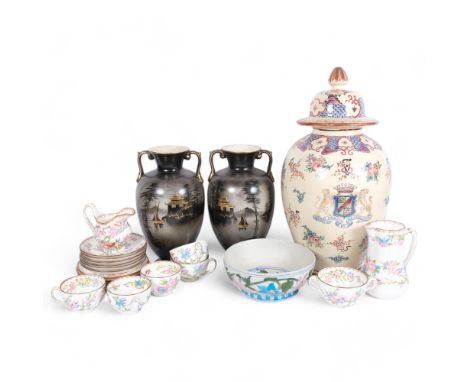 A pair of Staffordshire chinoiserie vases, Oriental armorial jar and cover, H47cm, and an Indian painted bowl with floral dec