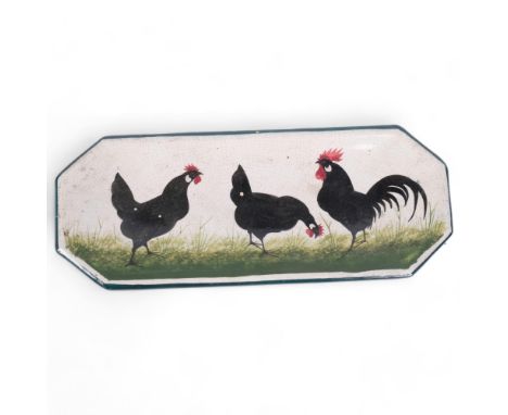 A Wemyss Ware pen tray, with hand painted chicken decoration, L24.5cmWith impressed mark to the reverse, crazed all over, the