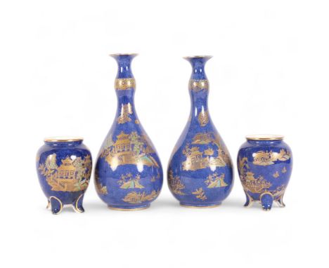 A pair of Carlton Ware blue ground vases in "Kang Hsi" pattern, with enamelled and gilded decoration, H22cm, together with a 