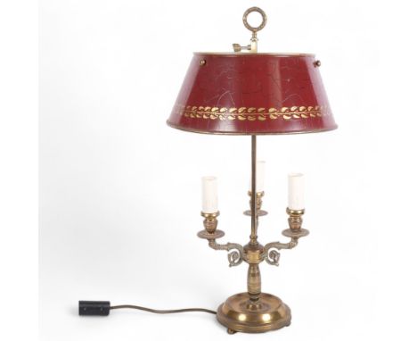 A Regency design 3-branch brass table lamp, with enamelled tin shade, H64cm