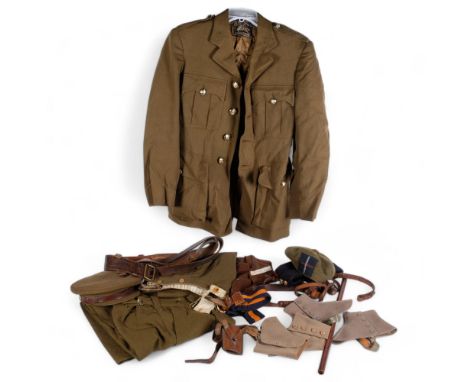 Army uniform beret, trousers, a swagger stick, caps, together with spats and horses bridle parts 