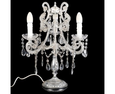A heavy silvered 6-branch 3-light candelabrum, with applied glass beads and lustre drops, H55cm 