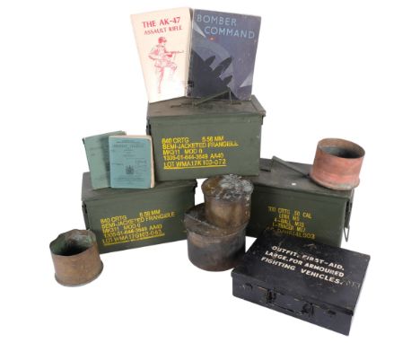 3 ammo boxes, 3 British 4.5 inch mortar shell cases from 1915 and 1918 and one German mortar shell case from, diameter 16.5cm