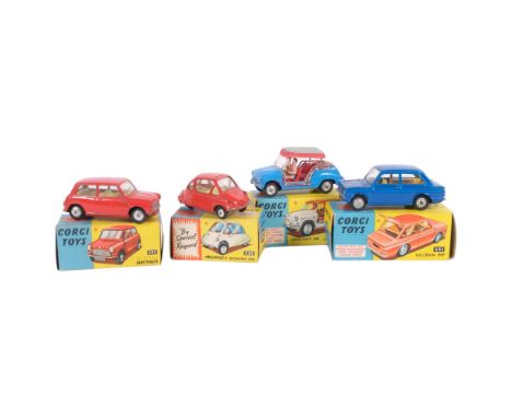 CORGI TOYS - model 225, Austin 7, model 233, Heinkel-I Economy car, model 240, Ghia-Fiat 600, Hillman Imp, all in original bo