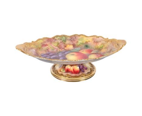 Royal Worcester, a pedestal comport, with hand painted fruit and floral decoration, by T Lockyer, L31cm, H9cmGood overall con