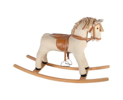 A corduroy child's rocking horse, lacking tail, by Elf Toys, rocker length 92cm 