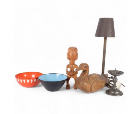 Brass table lamp with twist column, 52cm, a carved wood duck and Tribal figure, Norwegian enamelled bowl and another, and a p
