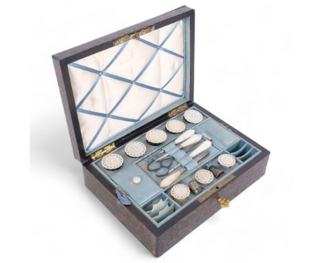 A 19th century boulle-work lady's sewing box, having a blue silk fitted interior with lift-out tray, and a collection of moth