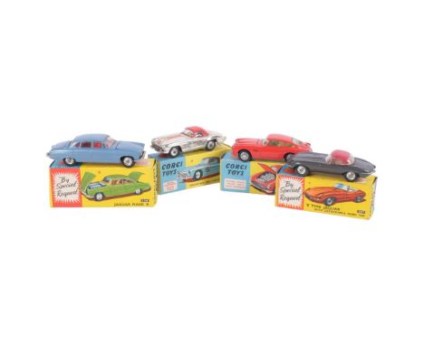 CORGI TOYS -  model no. 218, Aston Martin DB4, model 238, Jaguar Mk X, model 307, "E" Type Jaguar with detachable hard top, m