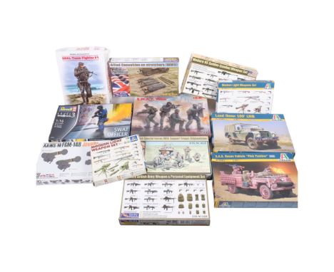 A quantity of plastic model display kits, mostly military related in nature, various brands such as Revell, Italeri, Gecko Mo