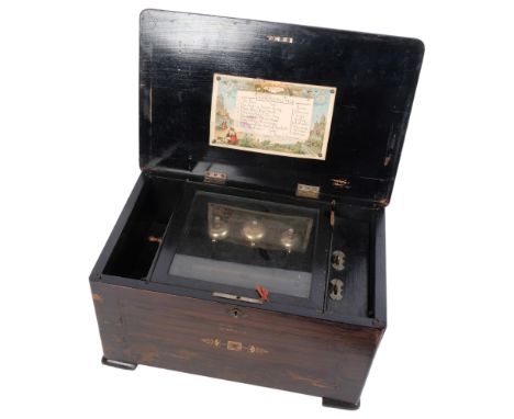 An Antique Swiss rosewood and marquetry music box, 15cm cylinder playing a total of 8 airs on 1 piece comb, 3 bells, cranking