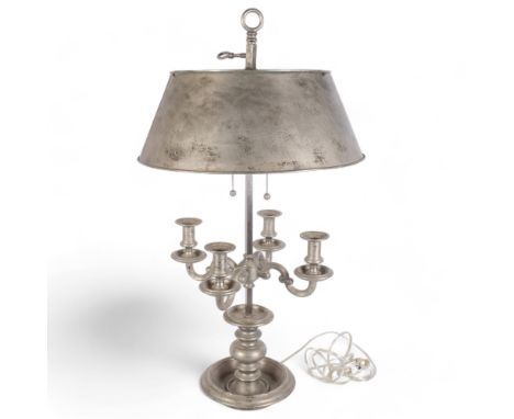 A large and impressive heavy metal toleware French Bouillotte style electric table lamp, with 4-branch chandelier style candl