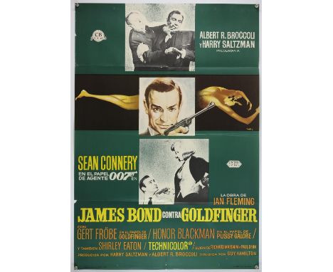 James Bond Goldfinger (R-1965) Spanish One Sheet film poster, from the Spanish first release in 1965, United Artists, folded,