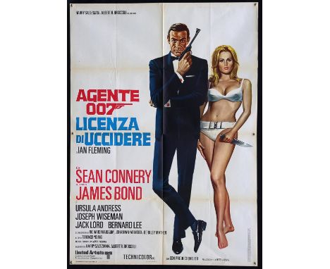 James Bond Dr. No (R-1970's) Italian 2 Foglio film poster, starring Sean Connery and Ursula Andress, United Artists, folded, 