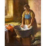Thomas Ryan PPRHA (b.1929) WASHERWOMAN, 1958 oil on board signed lower right; signed, titled,