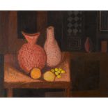 Arthur Armstrong RHA (1924-1996) STILL LIFE IN PURPLE AND BROWN oil on board signed lower left;