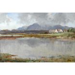 Rowland Hill ARUA (1915-1979) LAKESIDE COTTAGES AND TWELVE PINS, CONNEMARA oil on canvas signed