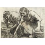 William Conor OBE RHA RUA ROI (1881-1968) CUTTING SEED POTATOES charcoal on paper signed lower