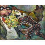 Mary Swanzy HRHA (1882-1978) THE JESTER oil on board with 'Swanzy Studio Sale' stamp on reverse;