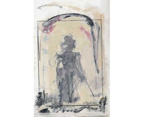 Basil Blackshaw HRHA RUA (1932-2016) LADY WITH A STICK oil on paper signed in pencil lower right 11 x 7¼in. (27.94 x 18.42cm)