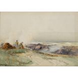 Frank McKelvey RHA RUA (1895-1974) BURNING SEAWEED FOR KELP, ANTRIM COAST watercolour signed lower