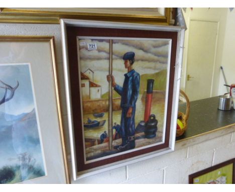 An oil painting portrait of a sailor on a quay side 