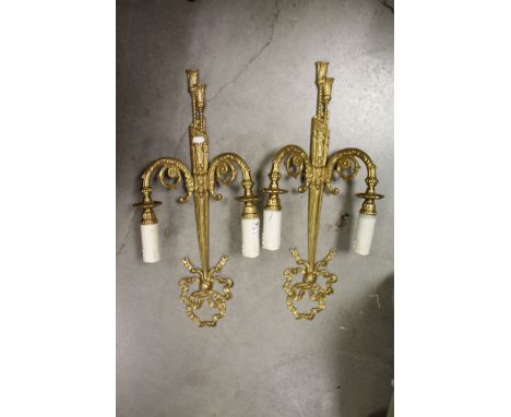 Pair of Gilt Metal Ornate Two Branch Wall Light Fittings 