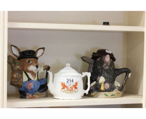 Two Staffordshire Novelty Teapots - Mole wearing a Miners Helmet and a Rabbit carrying sack of carrots plus a Crestedware Tea