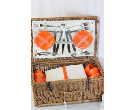 Vintage Orange and White Plastic Picnic Set fitted in a Wicker Picnic Basket