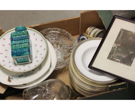 Tray of mixed ceramics & glass etc to include; Midwinter Cannes plates, Coalport bowls, travel clock, spectacles frames etc