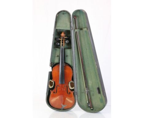 Vintage Violin. "The Maidstone" in original wood case, with bow. No bridge. Body length: 13", 2 piece back