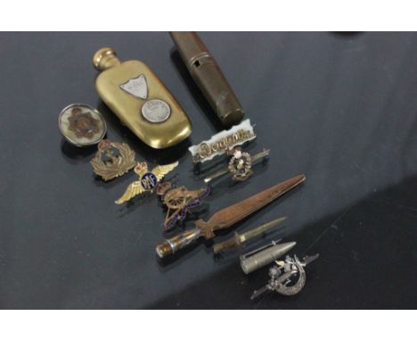 Collection of WW1 sweetheart brooches, tool kit, small letter opener & miniature brass flask with Royal Artillery cap badge a