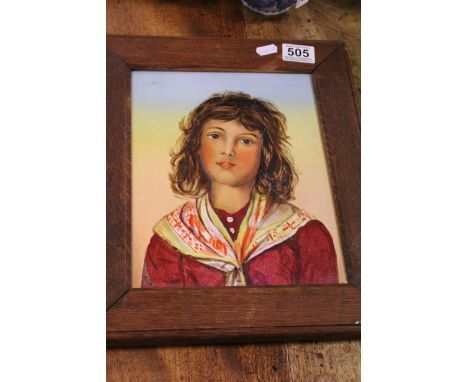 Portrait painting of a girl on cermaic plaque, 22 x 27cm, painted initials S.B and dated Nov 1891 to verso, heavy frame