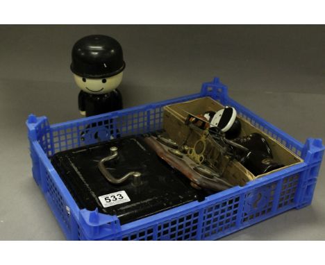 Mixed box of collectables to include; Homepride figures, cash tin, cast iron slicer, postal scales etc