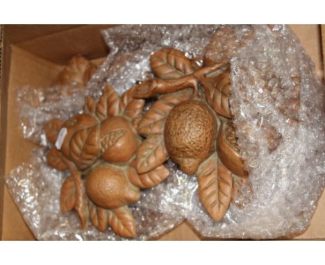 Quantity of vintage ceramic ginger jars and honey pots plus a box of terracotta plaques of fruit