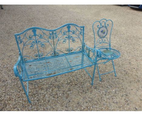 Blue Metal Garden Bench and a Folding Garden Chair