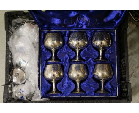 Velvet Cased Set of Silver Plated Goblets, Royal Worcester Egg Coddlers plus a Box of Mixed Advertising Tins, Ceramics, etc