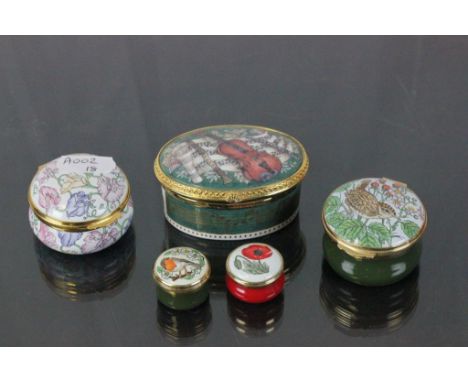 Four Crummles enamelled pots and one other by Royal Worcester decorated with Musical Instruments ' if Music be the Food of Lo