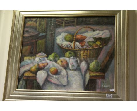 A studio framed oil painting of fruit and ceramic ware in an interior