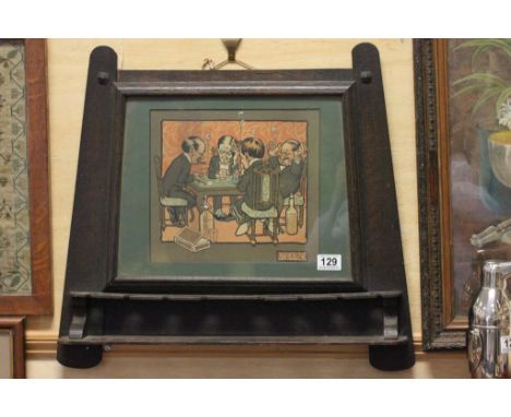 Arts and Crafts Early 20th century Oak Hanging Pipe Rack with central humorous scene of four men playing cards and smoking ci