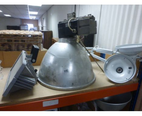 Large industrial aluminium ceiling light and a large security light plus pair of contemporary angle poise style lamps.