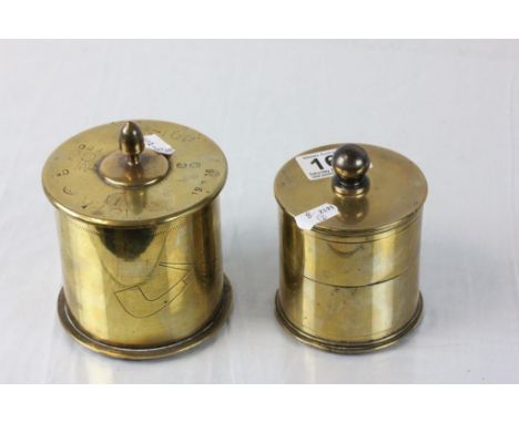 WW1 dated Trench Art Tobacco tin from brass 18 pounder shell case plus a similar item