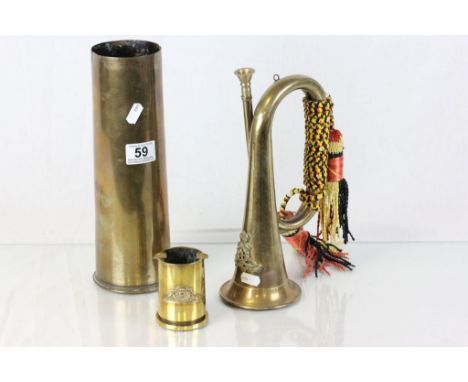 Brass Bugle with Military Regiment Crest, possibly royal artillery, plus Two Brass Trench Art Shell Vases