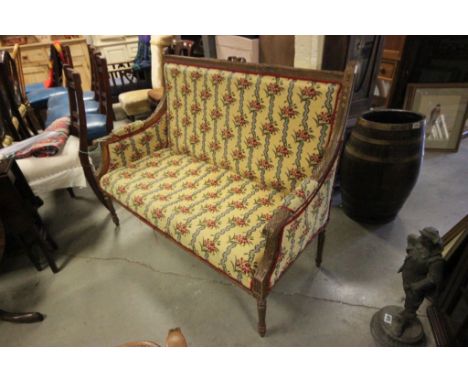 A French antique giltwood sofa with tapestry upholstery . One rear leg loose / off. 