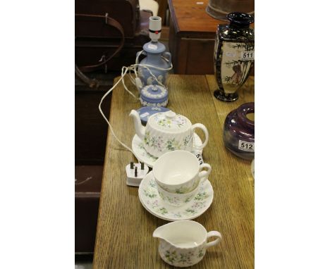 Jasperware Twin Handled Bedside Lamp, Wedgwood Covered Pot and Pin Tray, Mintons ' Spring Valley ' Teapot, Milk Jug and Two T